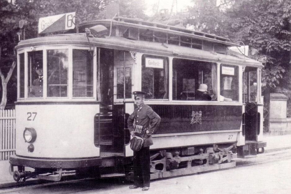 Postkort: Freiburg im Breisgau sporvognslinje 6 med motorvogn 27 ved Goethestraße (1920-1929)