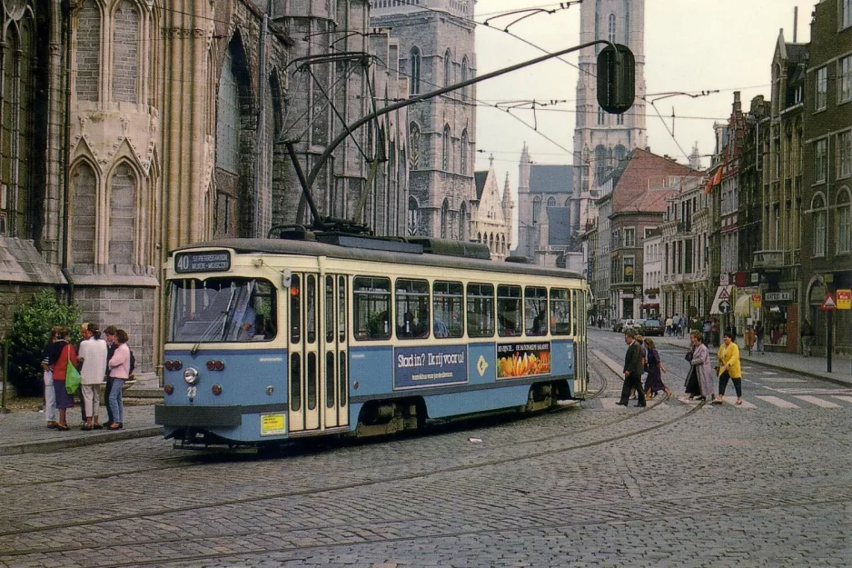 Postkort: Gent sporvognslinje T4 med motorvogn 23 på Korenmarkt (1987)