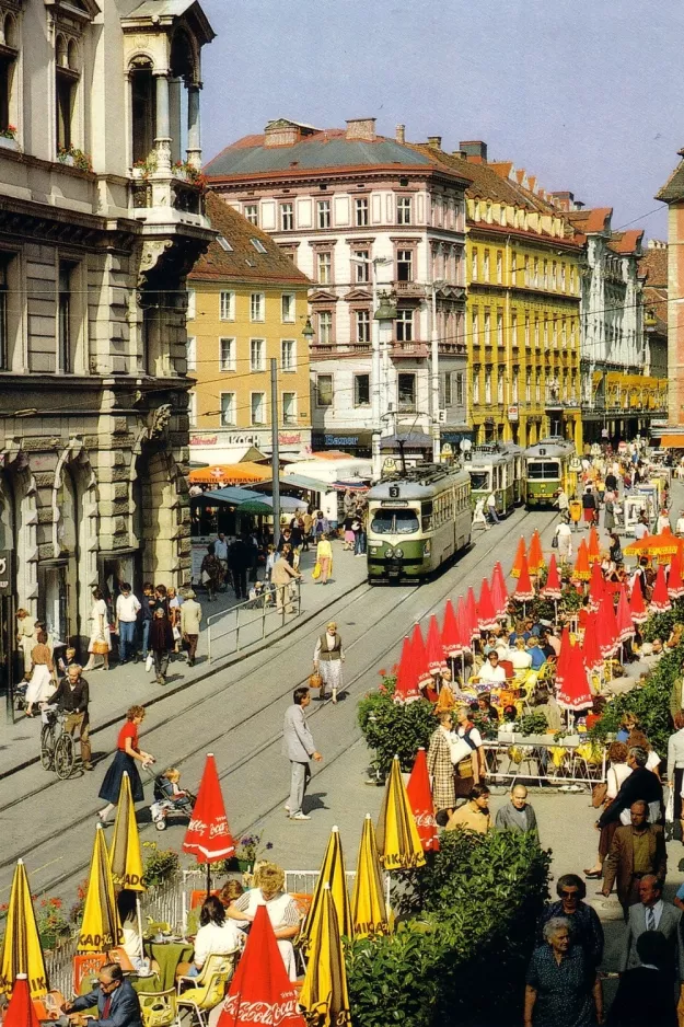 Postkort: Graz ekstralinje 3 med ledvogn 275 tæt på Hauptplatz / Congress (1980)