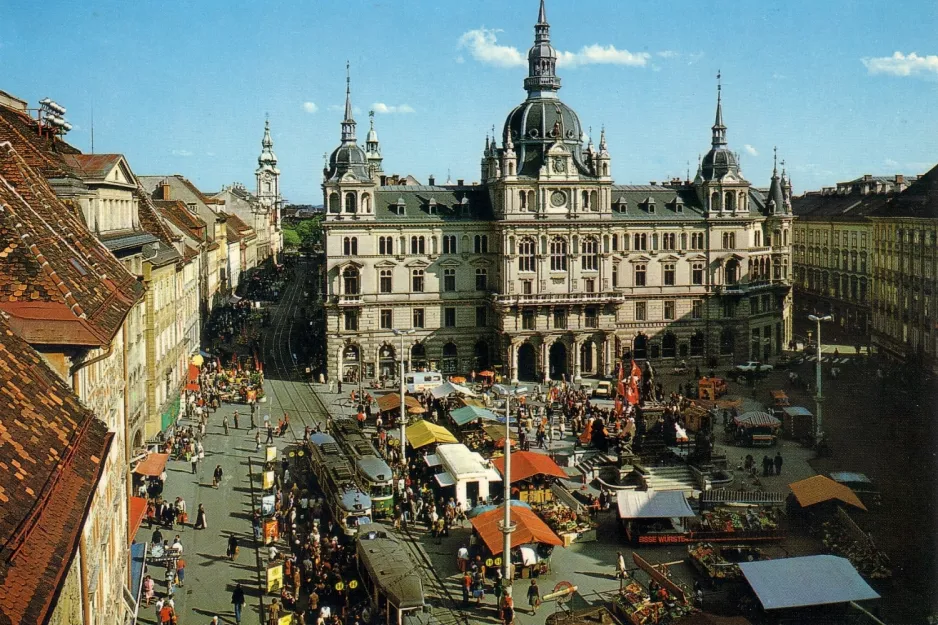 Postkort: Graz sporvognslinje 5  på Hauptplatz / Congress (1981)