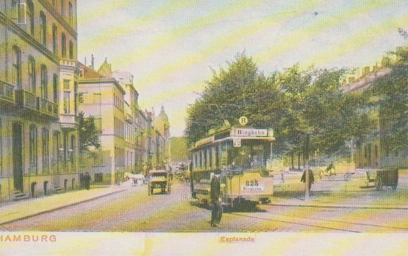 Postkort: Hamborg sporvognslinje 26 med motorvogn 825 på Esplanade (1904)