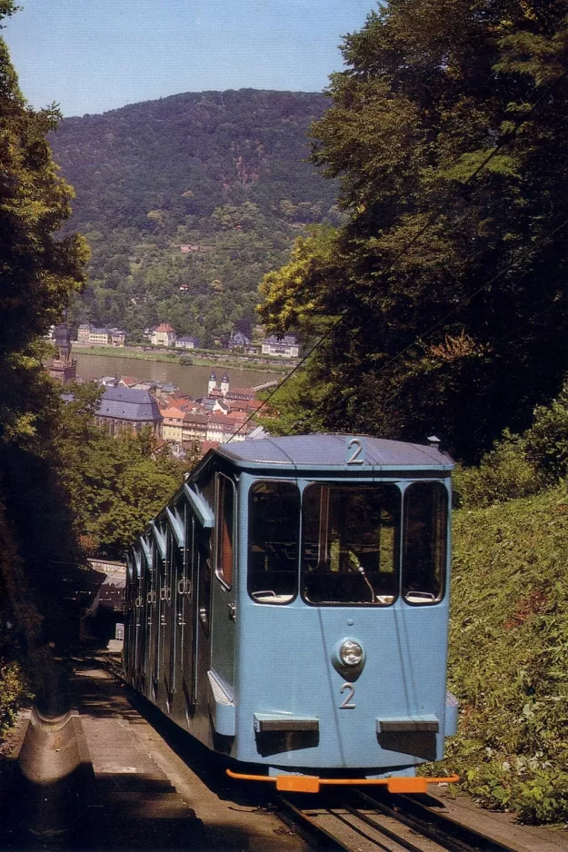 Postkort: Heidelberg Bergbahn med motorvogn Bergbahn 2 nær Schloss (1998)