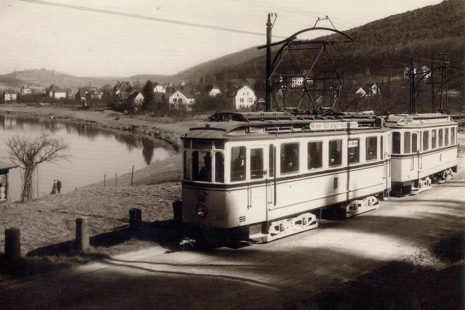 Postkort: Heidelberg sporvognslinje 5 med motorvogn 99 nær Kümmelbacher Hof (1928)