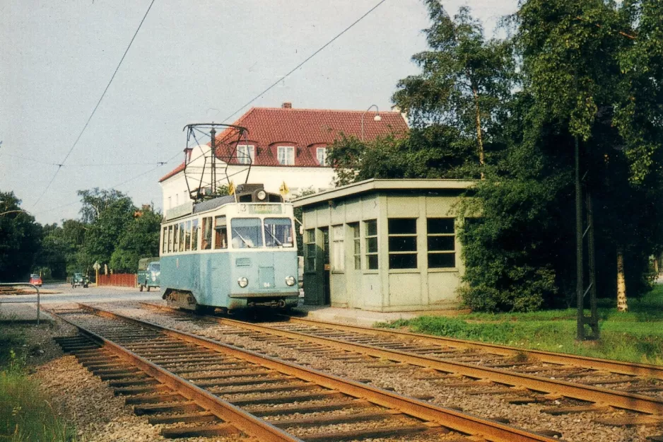 Postkort: Helsingborg sporvognslinje 3 med motorvogn 54 ved Miatorps (1960)