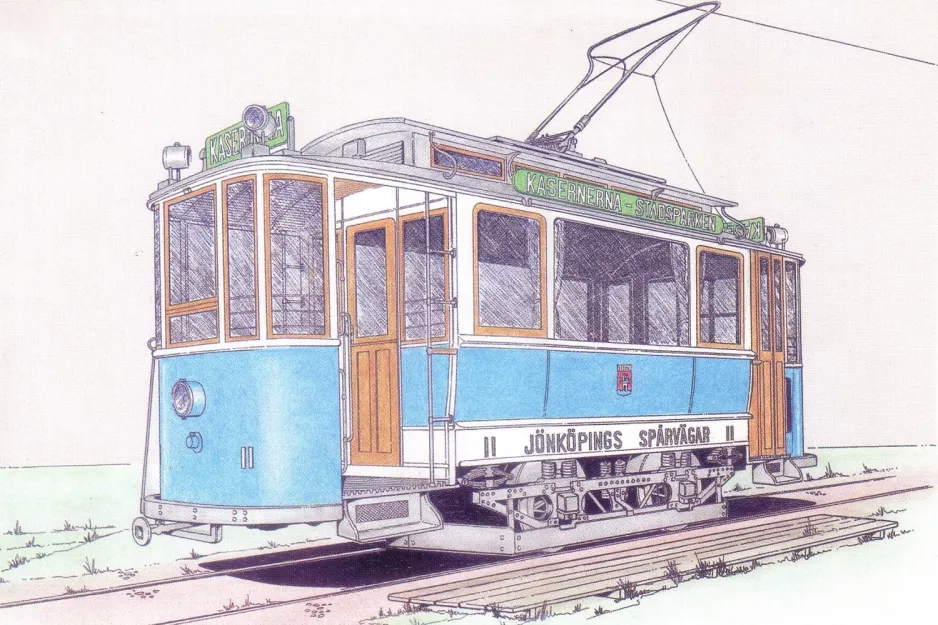 Postkort: Jönköping sporvognslinje Grøn med motorvogn 11  (1995)