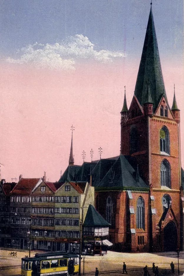 Postkort: Kiel sporvognslinje 2 med motorvogn 166 på Alter Markt (1910)