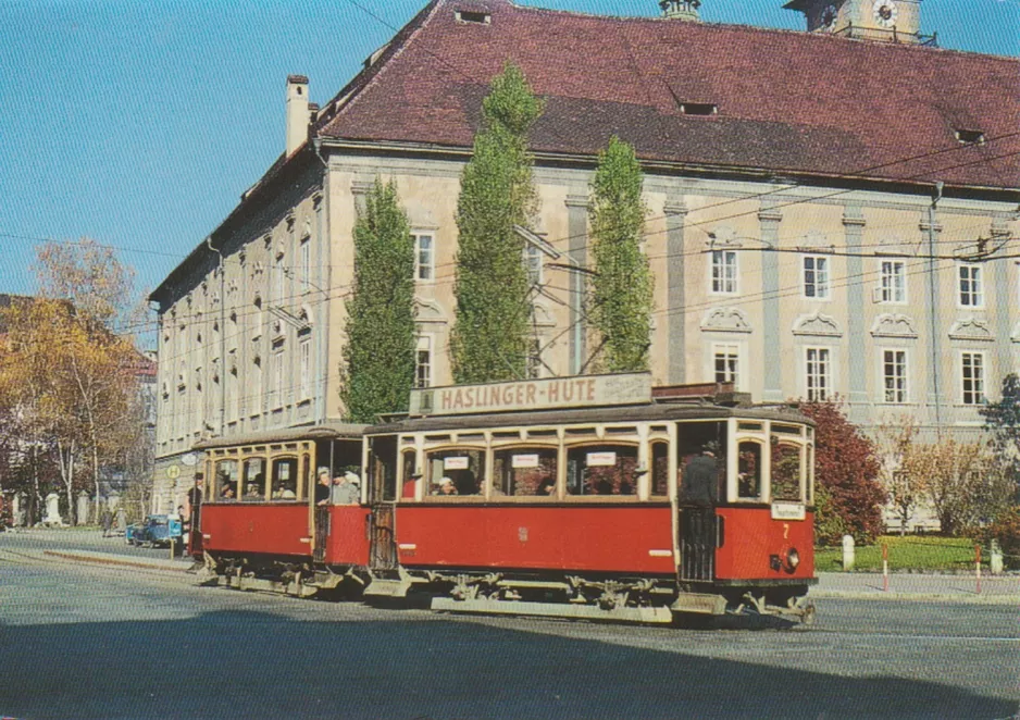 Postkort: Klagenfurt sporvognslinje A med motorvogn 7 på Heiligengeistplatz (1959)