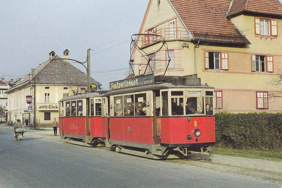 Postkort: Klagenfurt sporvognslinje A med motorvogn 8 nær Glan Brücke (1959)