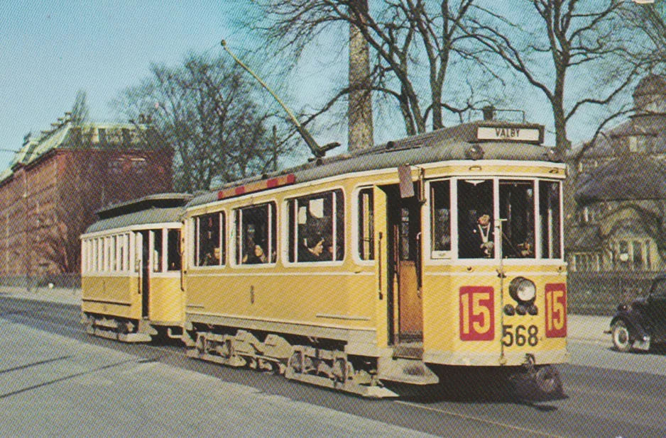 Postkort: København sporvognslinje 15 med motorvogn 568 på Øster Farimagsgade (1955)