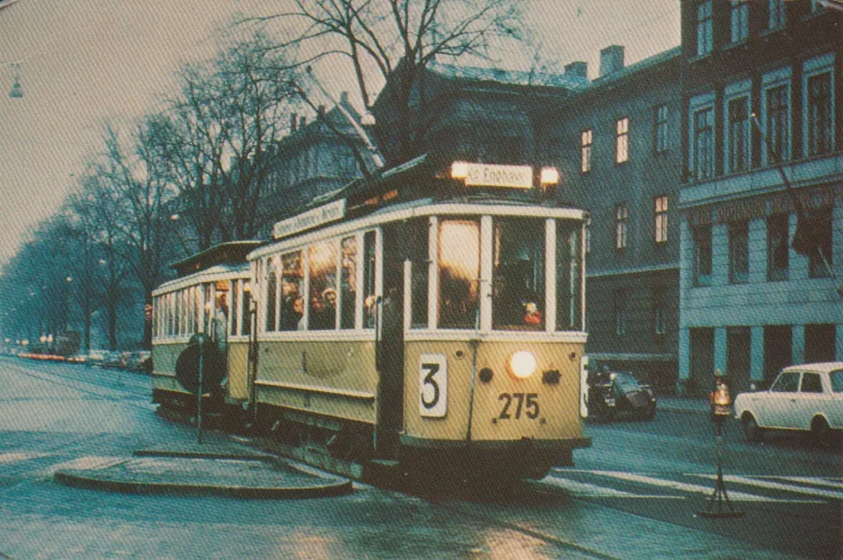 Postkort: København sporvognslinje 3 med motorvogn 275 på Blegdamsvej (1966)