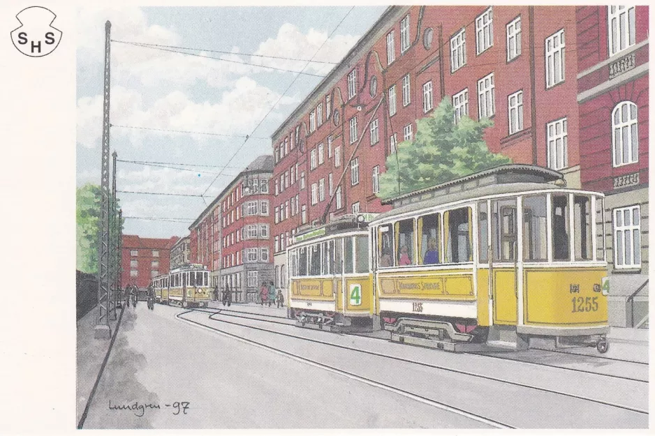 Postkort: København sporvognslinje 4 med bivogn 1255 på Thorshavnsgade (1936-1938)