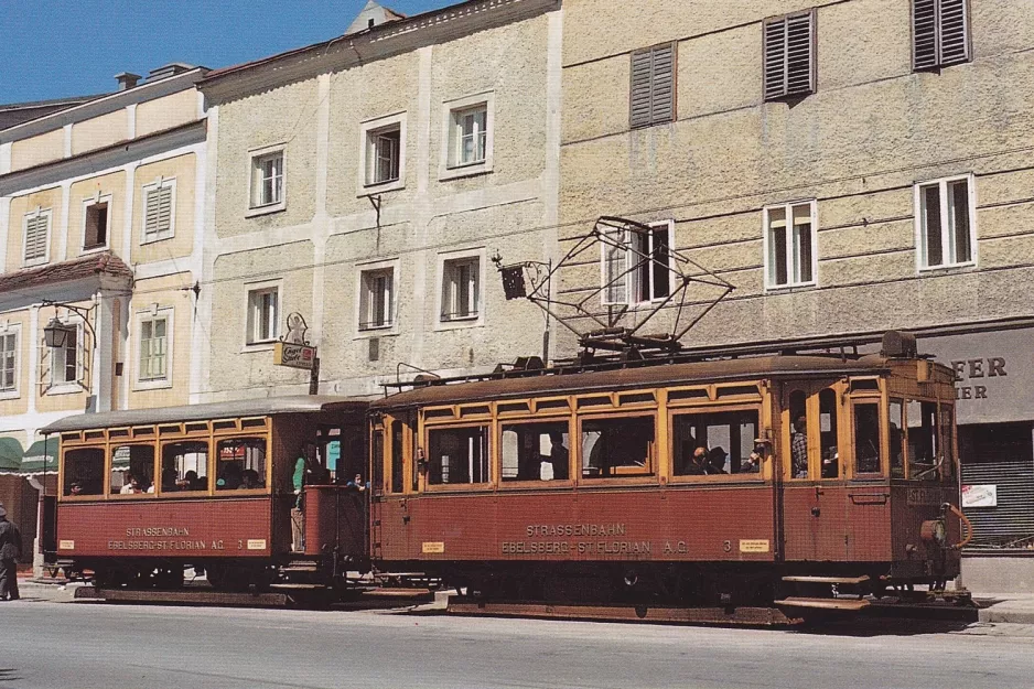 Postkort: Linz sporvognslinje F med motorvogn EM 3 ved Ebelsberg (1972)