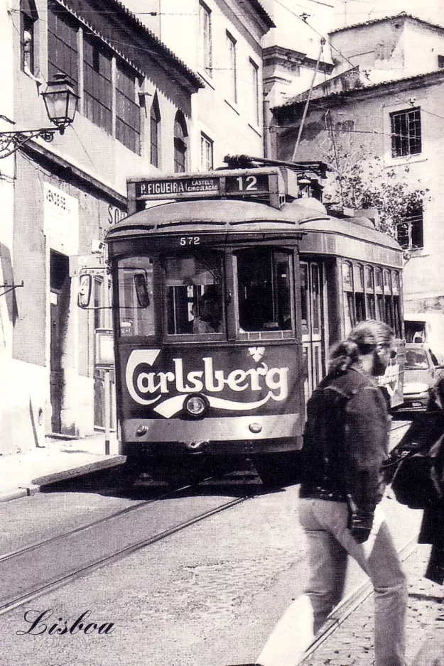 Postkort: Lissabon sporvognslinje 12E med motorvogn 572 på Sãn Tomé (1985)