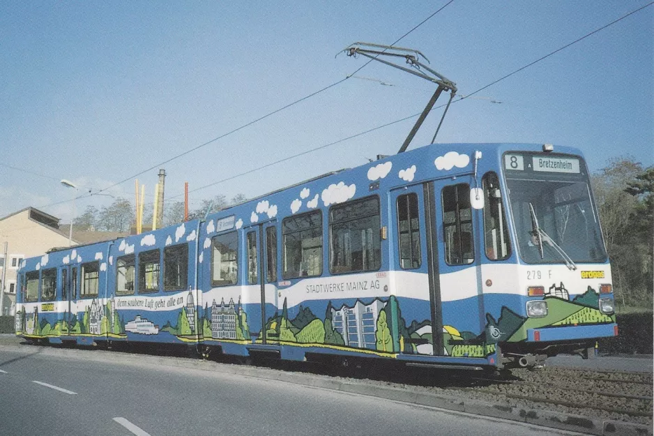 Postkort: Mainz sporvognslinje 52 med ledvogn 275 ved Zahlbach (1989)