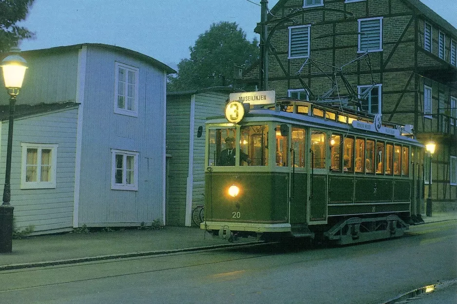 Postkort: Malmø Museispårvägen med museumsvogn 20 ved Banérskajen (1988)