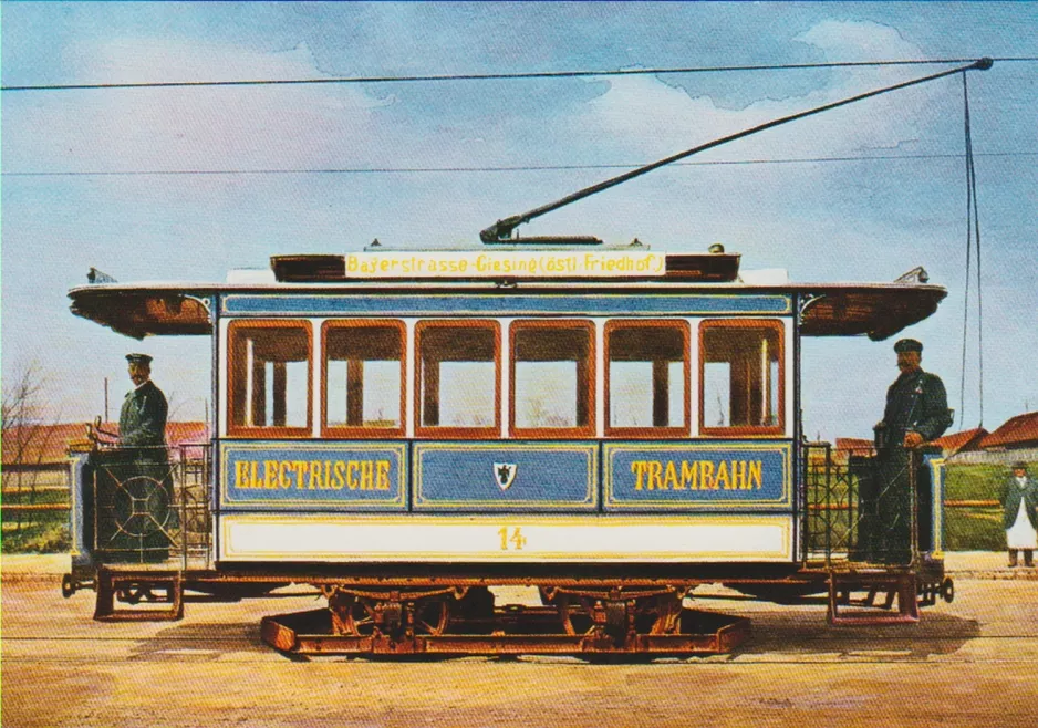 Postkort: München motorvogn 14 nær Paradiesstraße (1896)