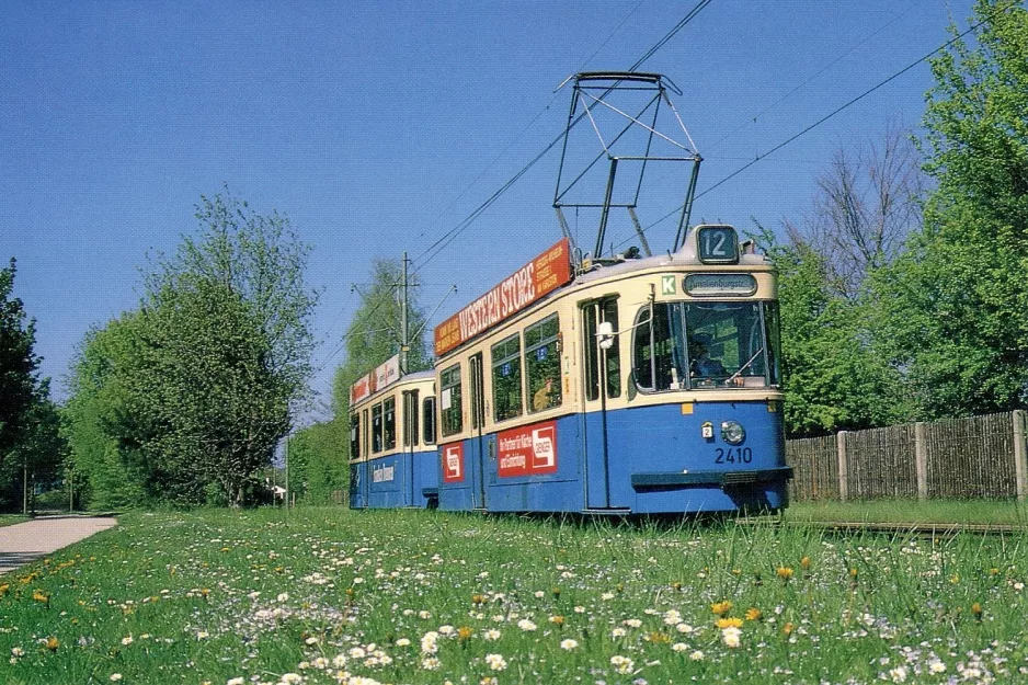 Postkort: München sporvognslinje 12 med motorvogn 2410 ved Euro-Industriepark (1990)