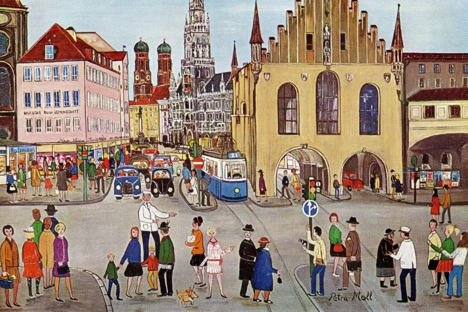 Postkort: München sporvognslinje 21 på Marienplatz (1985)