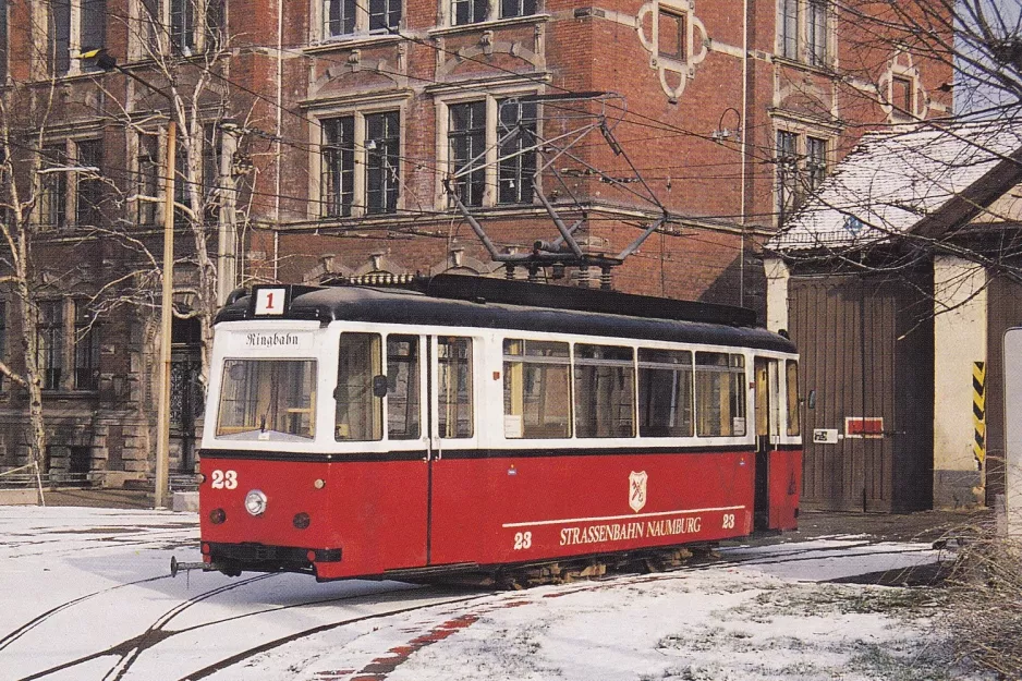 Postkort: Naumburg (Saale) motorvogn 23 foran Naumburger Straßenbahn (1995)