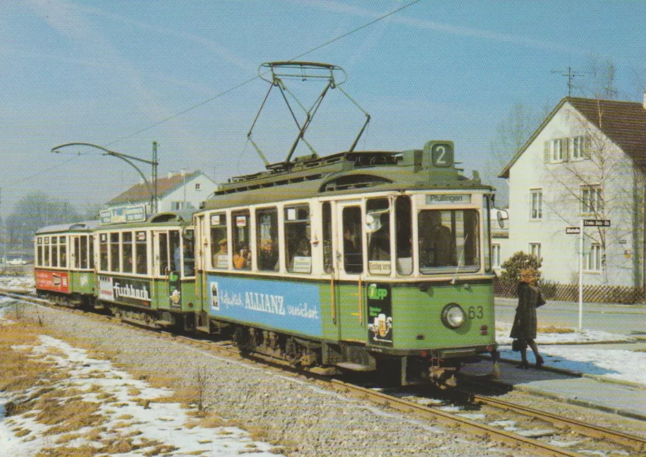 Postkort: Reutlingen sporvognslinje 2 med motorvogn 63 udenfor Südbahnhof (1974)