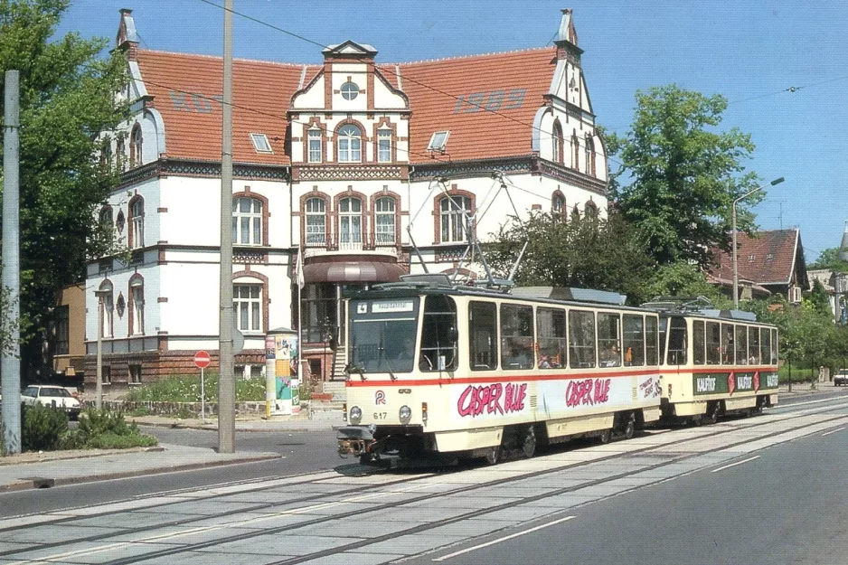 Postkort: Rostock ekstralinje 4 med motorvogn 617 på Wilhelm-Külz-Platz (1991)