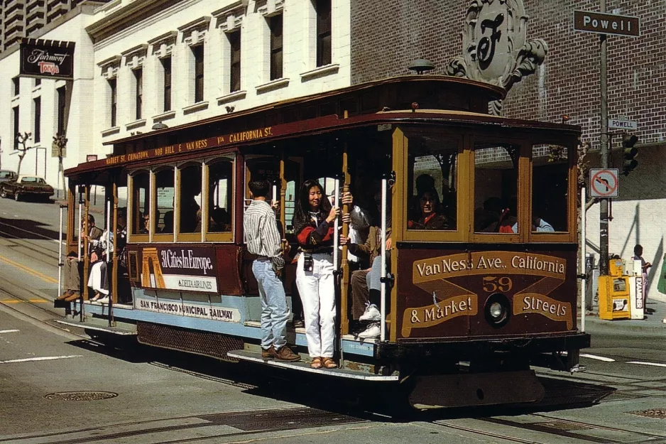 Postkort: San Francisco kabelbane California med kabelsporvogn 59 ved California & Powell (1994)