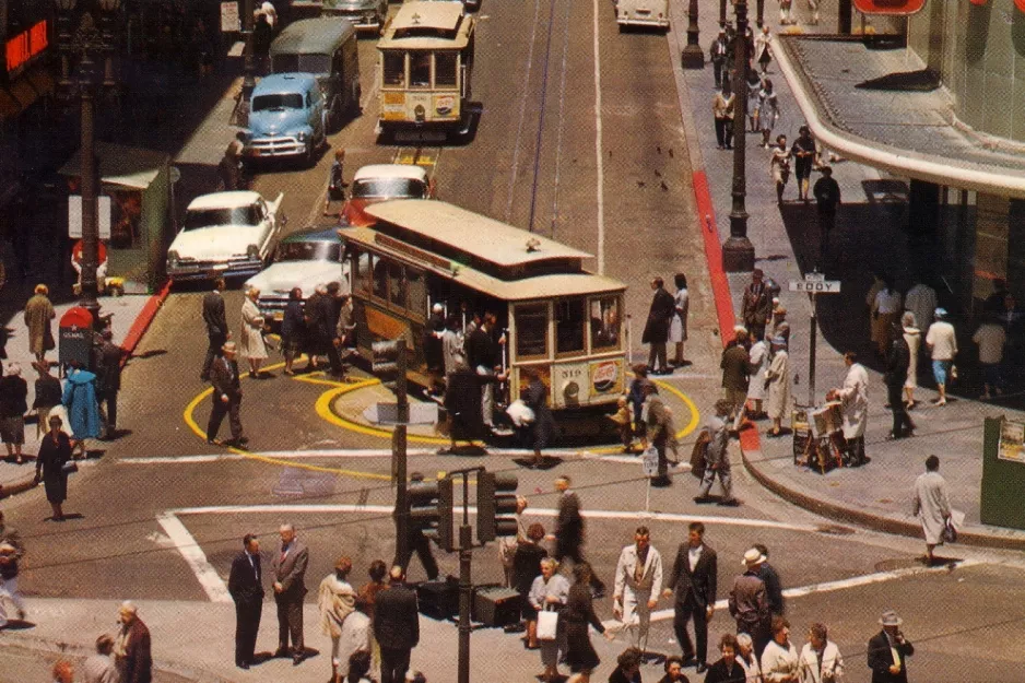 Postkort: San Francisco kabelbane Powell-Mason med kabelsporvogn 519 ved Market & Powell (1973)