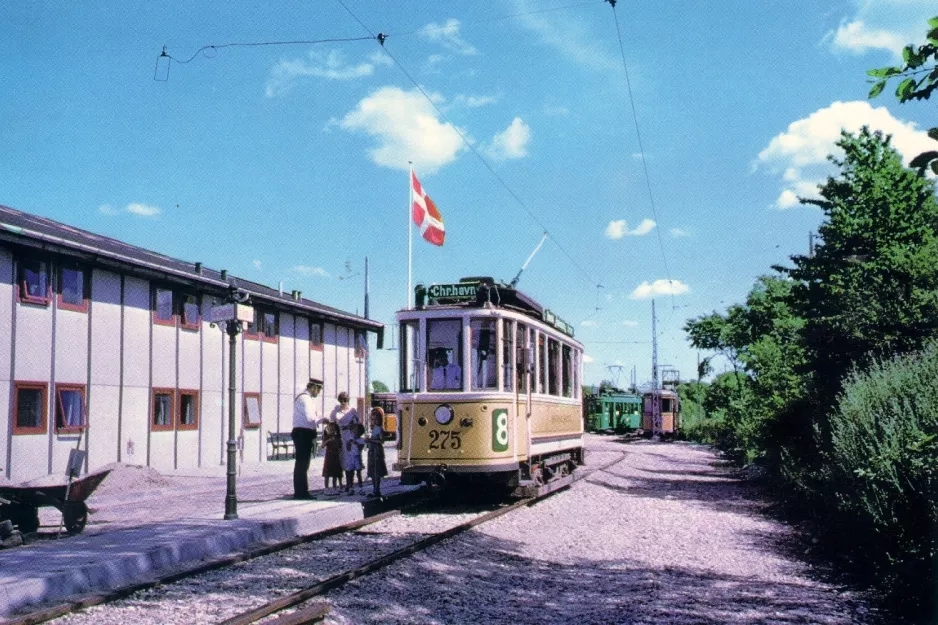 Postkort: Skjoldenæsholm normalspor med motorvogn 275 på Sporvejsmuseet (1985)