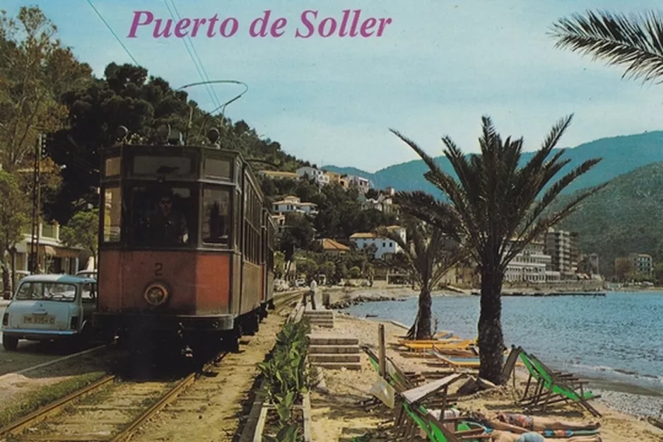 Postkort: Sóller sporvognslinje med motorvogn 2 i Port de Sóller (1963)