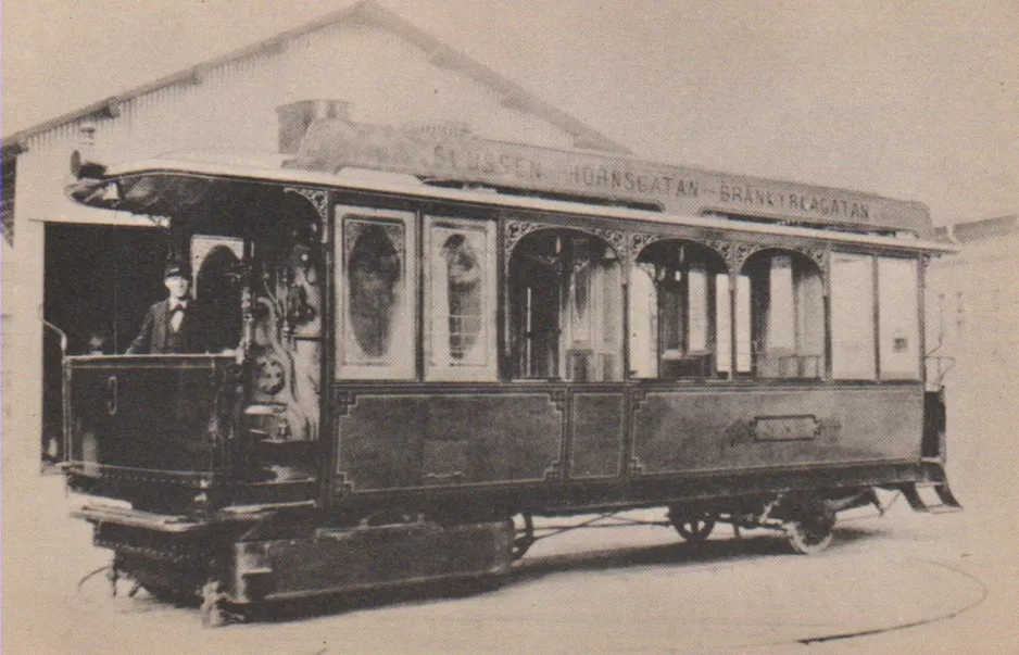 Postkort: Stockholm sporvognslinje Å med dampmotorvogn 3 ved Slussen (1887-1901)