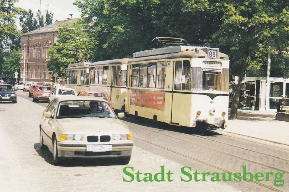 Postkort: Strausberg sporvognslinje 89 med motorvogn 06 ved Lustgarten (1989)