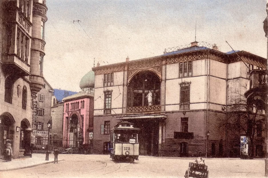 Postkort: Stuttgart motorvogn 173 foran Schwimmbad, Liederhalle (1896)