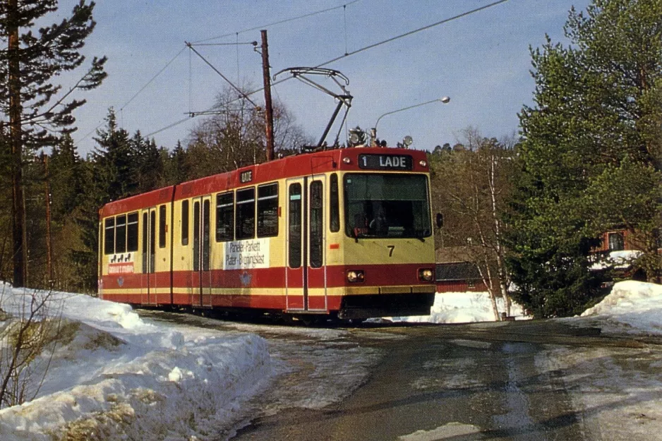 Postkort: Trondheim sporvognslinje 9, Gråkallbanen med ledvogn 7 ved Herlofsonløypa (1988)