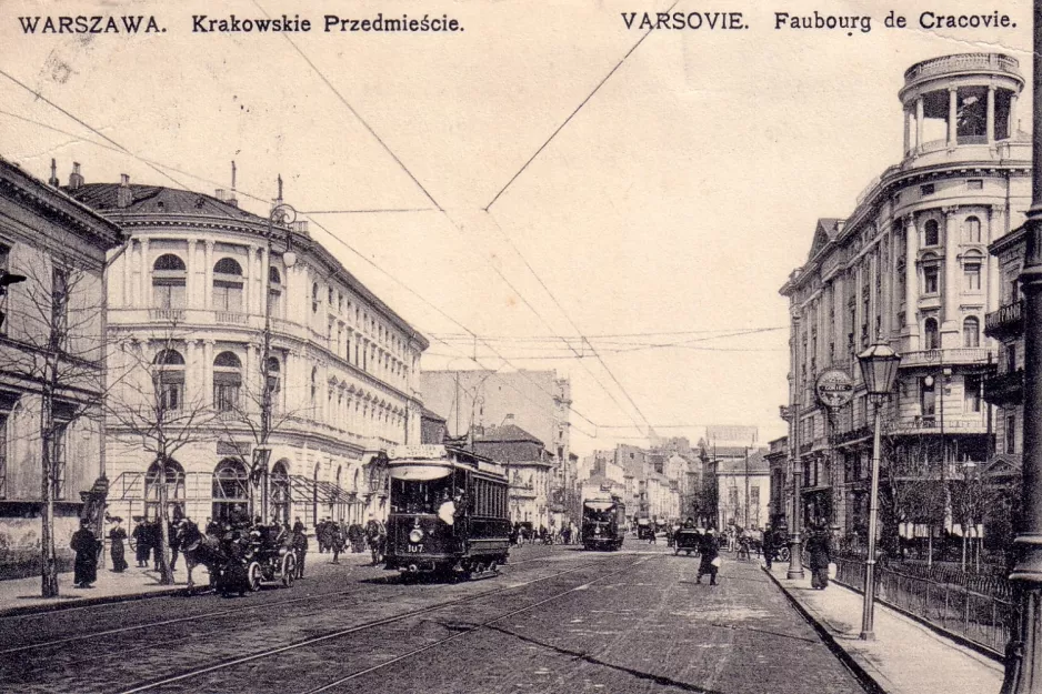 Postkort: Warszawa sporvognslinje 9 med motorvogn 107 på Krakowskie Przedmieście (1908)