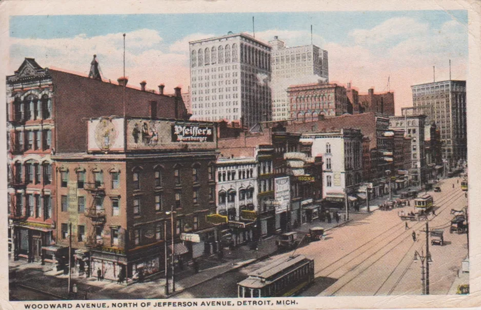 Postkort: Woodward Avenue, North of Jefferson Avenue. Detroit. Mich. (1928)