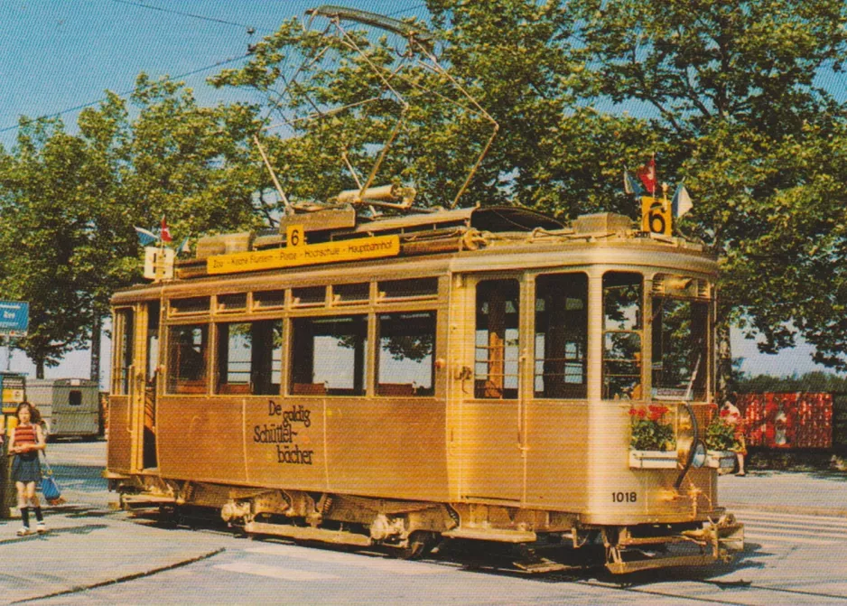 Postkort: Zürich sporvognslinje 6 med motorvogn 1018 ved Gessnerallee (1990)