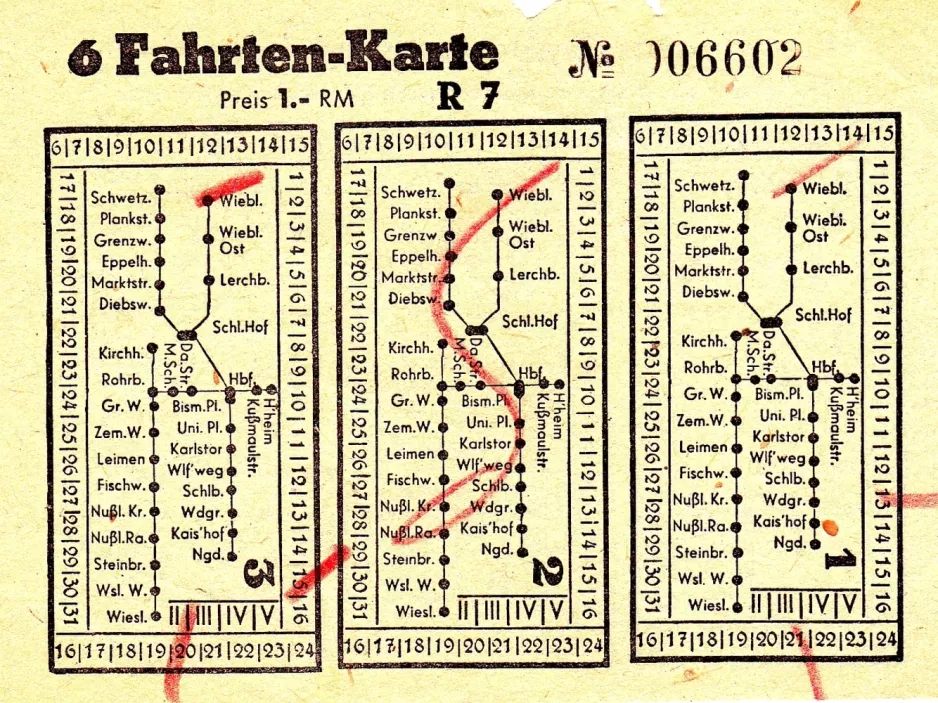 Rabatbillet til Rhein-Neckar-Verkehr in Heidelberg (RNV), forsiden (1938)