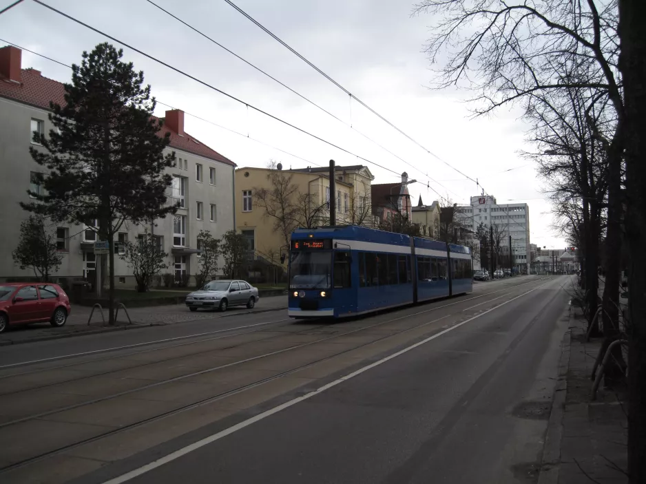 Rostock sporvognslinje 6 med lavgulvsledvogn 684 på Rosa-Luxemburg-Str. (2015)