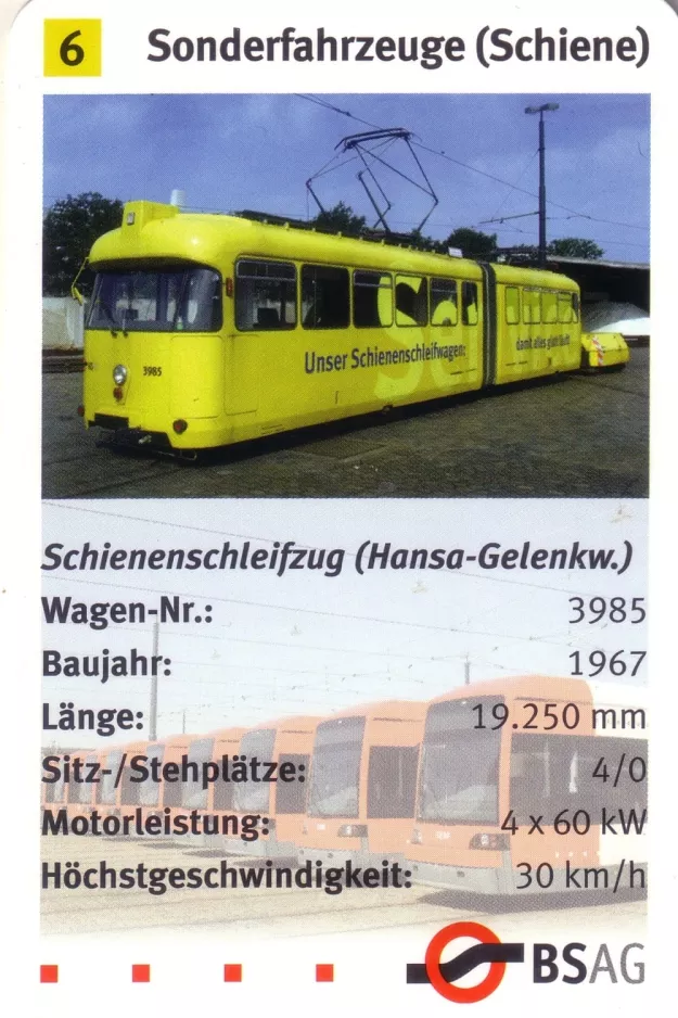 Spillekort: Bremen slibevogn 3985 i BSAG - Zentrum (2006)