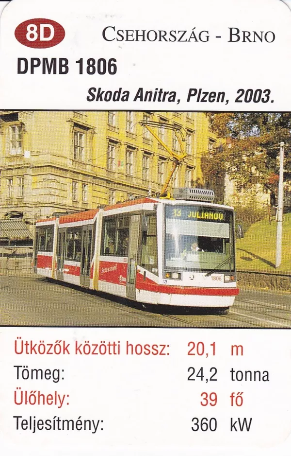 Spillekort: Brno sporvognslinje 13 med lavgulvsledvogn 1806 (2014)