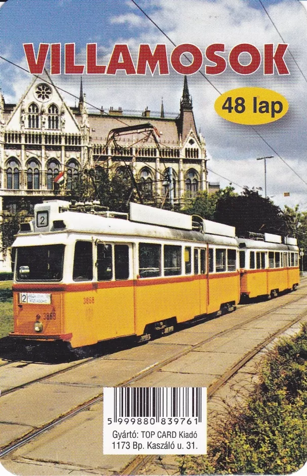 Spillekort: Budapest sporvognslinje 2 med motorvogn 3868 foran Országház (2014)