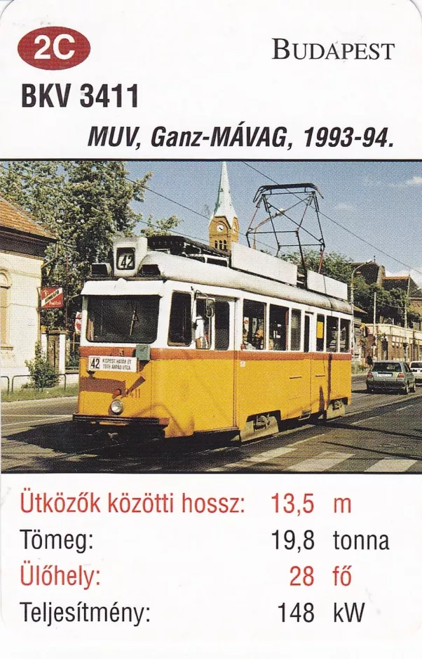 Spillekort: Budapest sporvognslinje 42 med motorvogn 3411 nær Corvin Körút (2014)