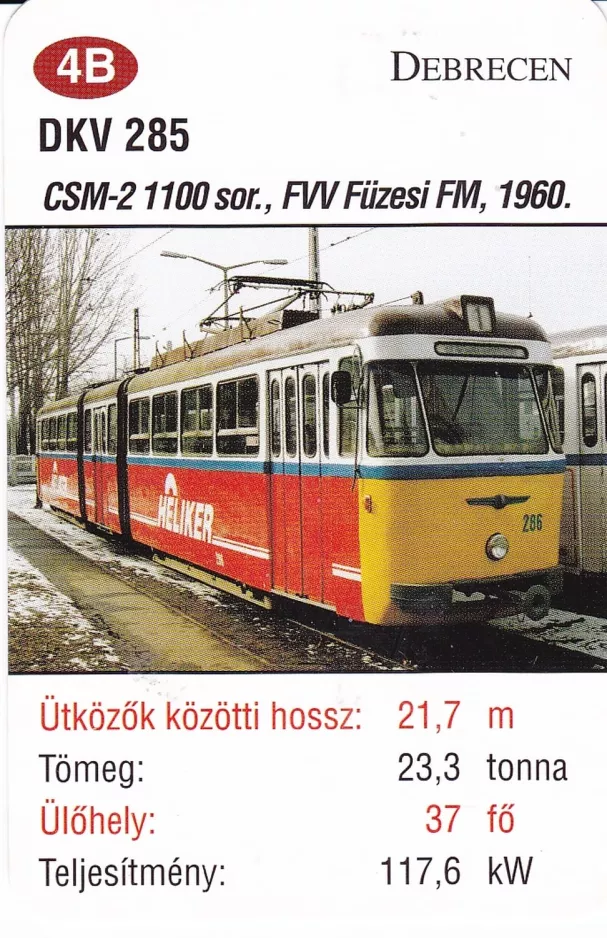 Spillekort: Debrecen sporvognslinje 1 med ledvogn 286 ved Nagyállomás (2014)