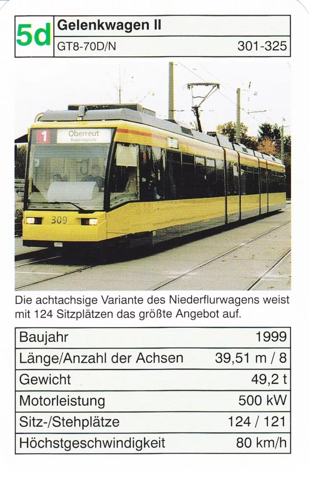 Spillekort: Karlsruhe sporvognslinje 1 med lavgulvsledvogn 309 nær Marktplatz (2002)