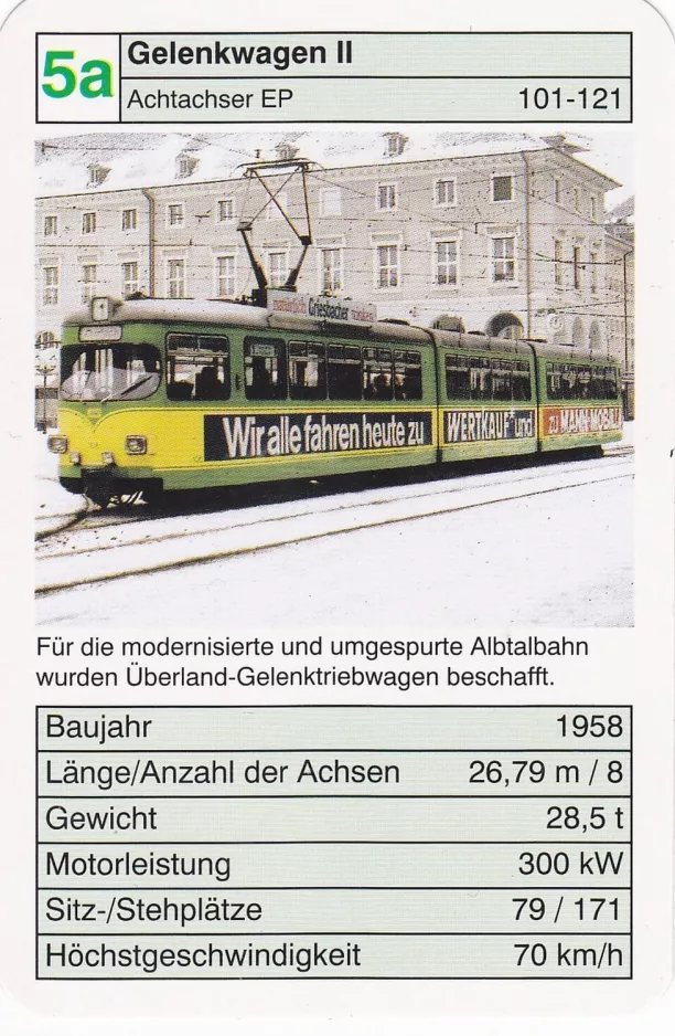 Spillekort: Karlsruhe sporvognslinje 1 med ledvogn 106 på Marktplatz/Kaiserstraße U (2002)