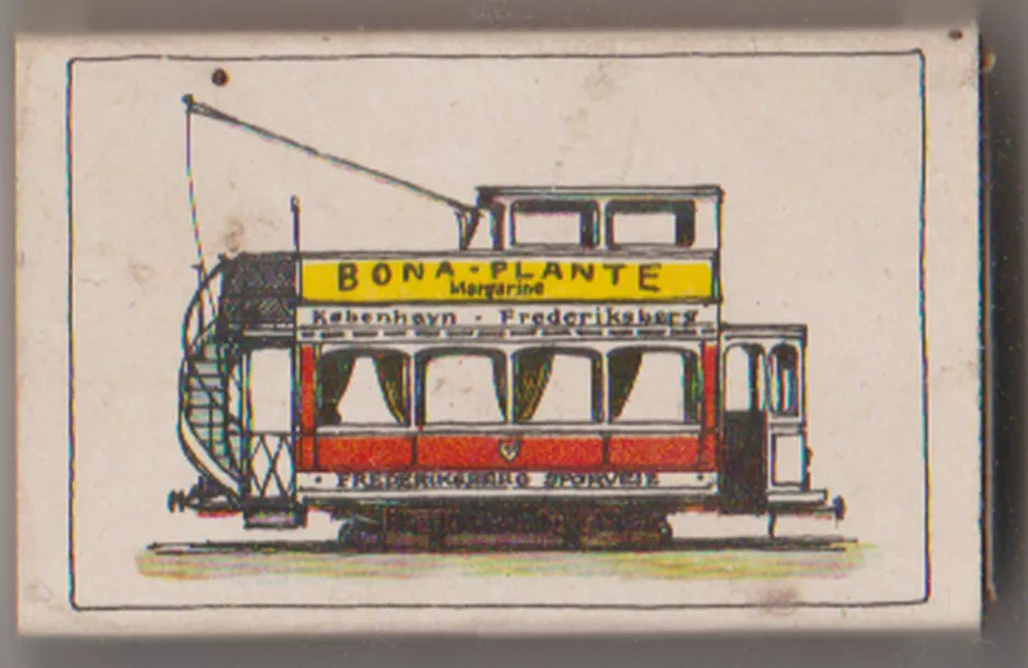 Tændstikæske: Toetagers motorvogn fra Frederiksberg Sporveje omkring 1916
 (1978)