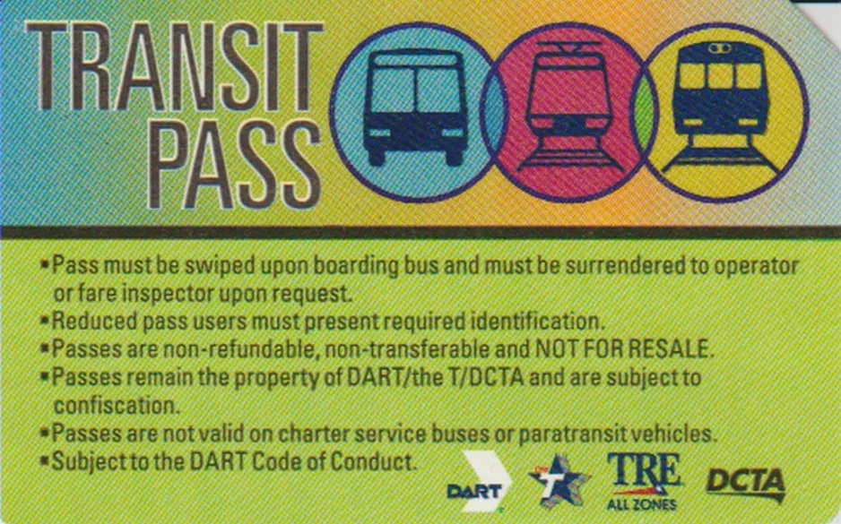 Timebillet til Dallas Area Rapid Transit (DART), bagsiden (2018)