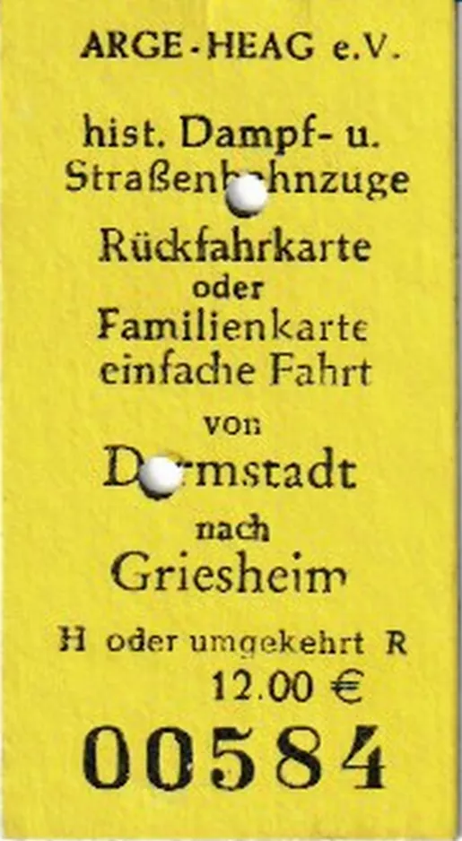 Voksen tur/retur billet til Arbeitsgemeinschaft Historische HEAG-Fahrzeuge (ARGE HEAG), forsiden (2024)