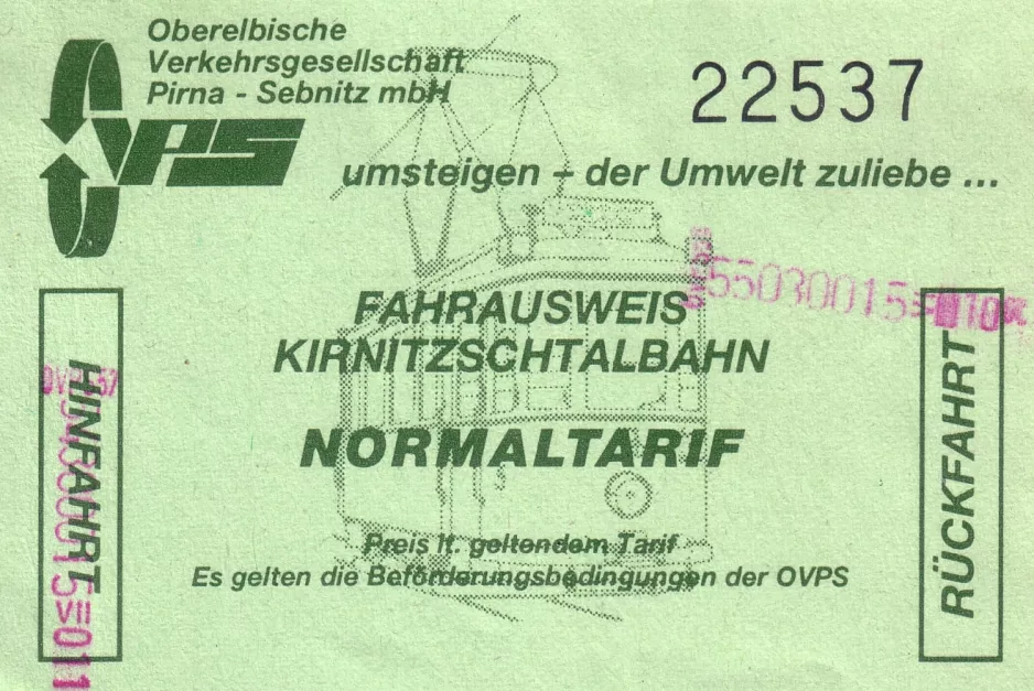 Voksen tur/retur billet til Regionalverkehr Sächsische Schweiz-Osterzgebirge (RVSOE) (1996)