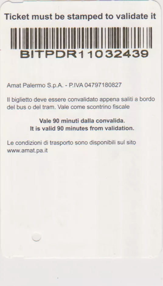 Voksenbillet til Azienda Municipalizzata Auto Trasporti Palermo (AMAT Palermo), bagsiden (2022)